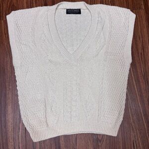 David Brett Cream Cable Knit V Neck Sleeveless Sweater Vest Women light academia